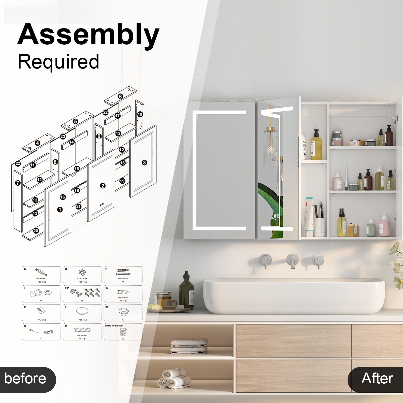 Large LED Lighted Medicine Cabinet 3 Doors Wall Mounted Bathroom Mirror Dimmable