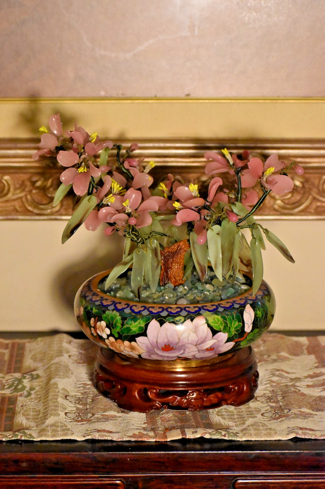 12" VINTAGE BONSAI PEKING JADE TREE IN CLOISONNE BOWL W/EBONY HANDCARVED STAND