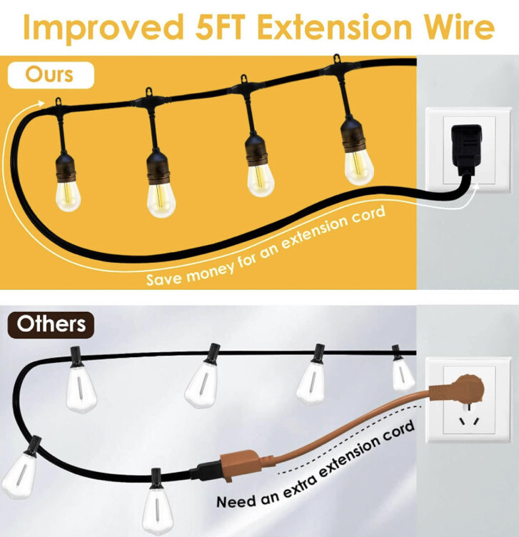 48FT LED Outdoor String Lights Shatterproof Bulbs Commercial Patio Party Garden