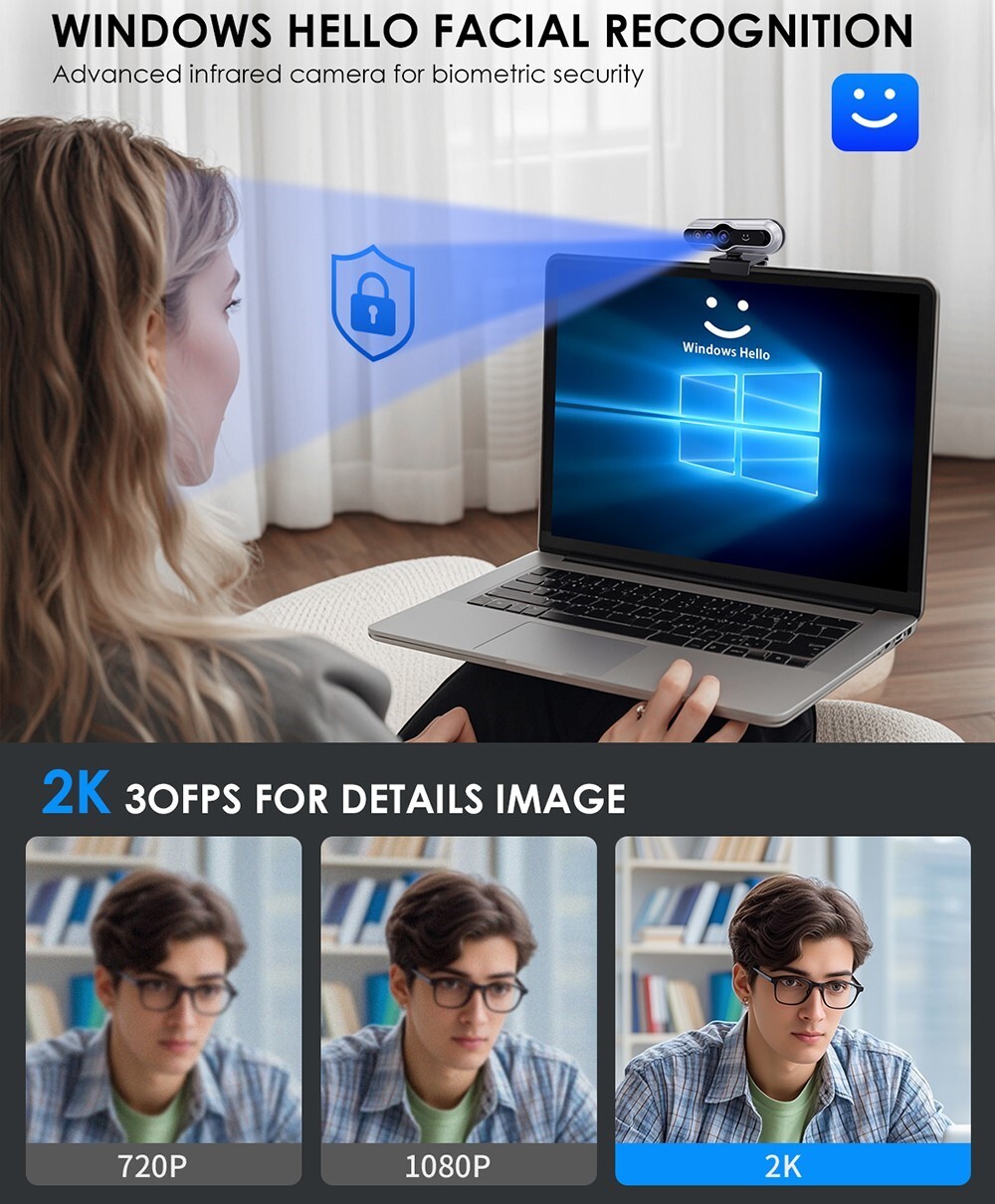 TOALLIN 2K QHD Webcam Auto-Focus Windows Hello Privacy Shutter with Microphone