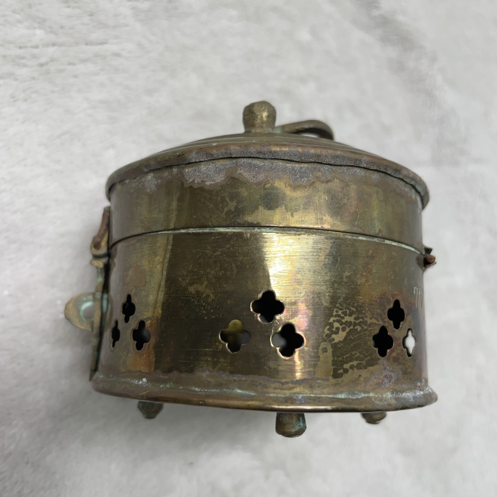 Vintage Brass Cricket Box Patina Footed Pierced Hinged Lid Handle Trinket Asian