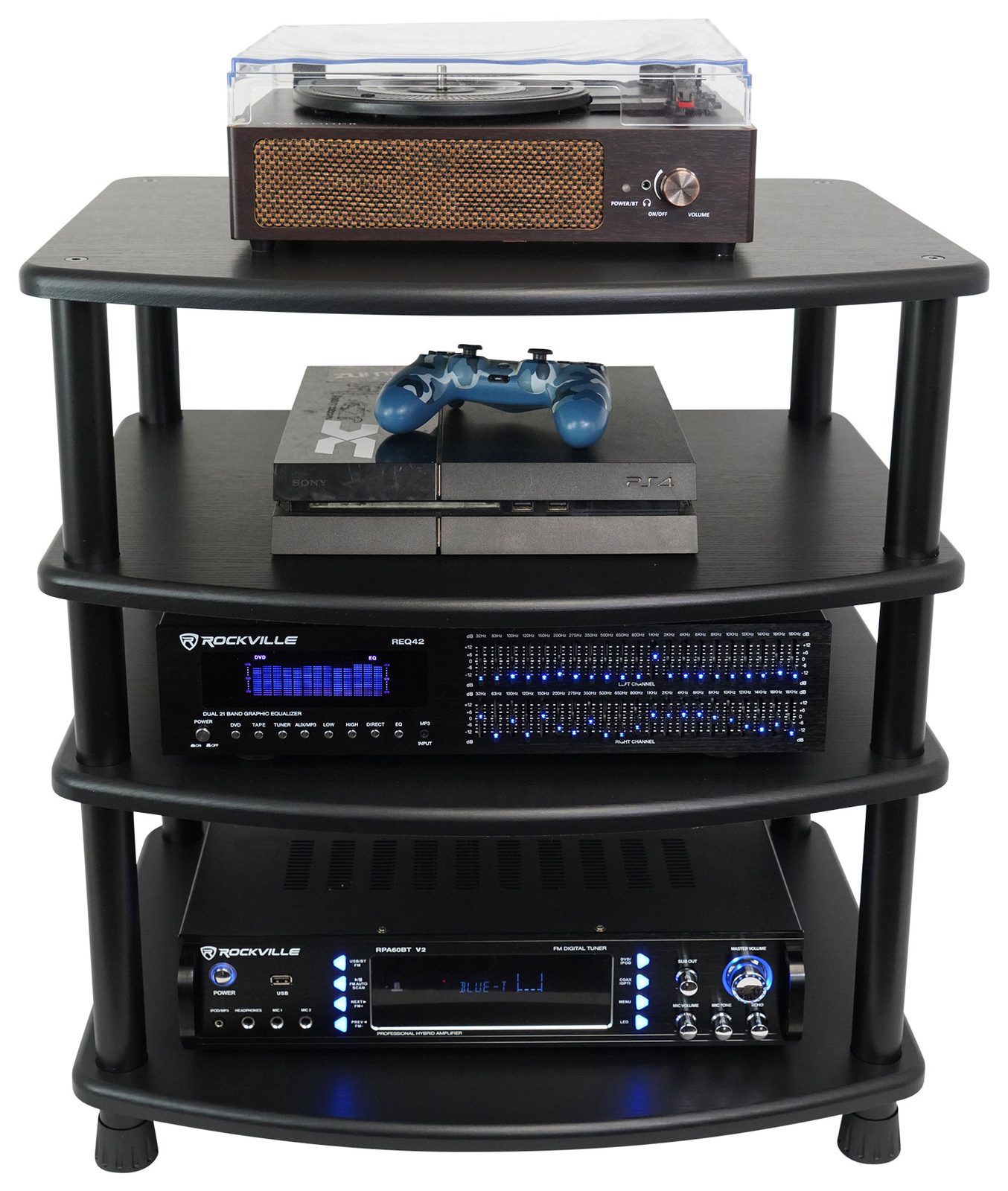 Rockville FLX BLACK Adjustable Height 4 Shelf Home Theater A/V Audio Rack Stand