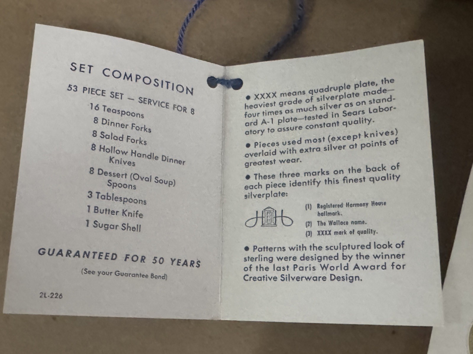 Harmony House Wallace XXXX Quadruple Silverware Set 55 pc with Certificate