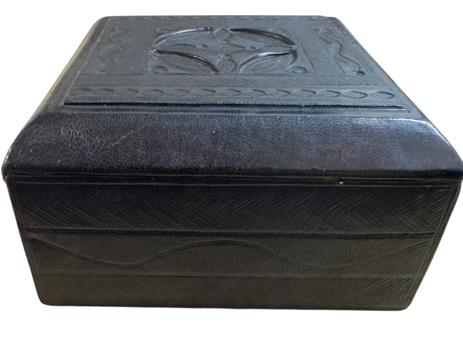 Vintage Saharan Tuareg Hand Tooled Camel Black Leather Talisman Box West Africa