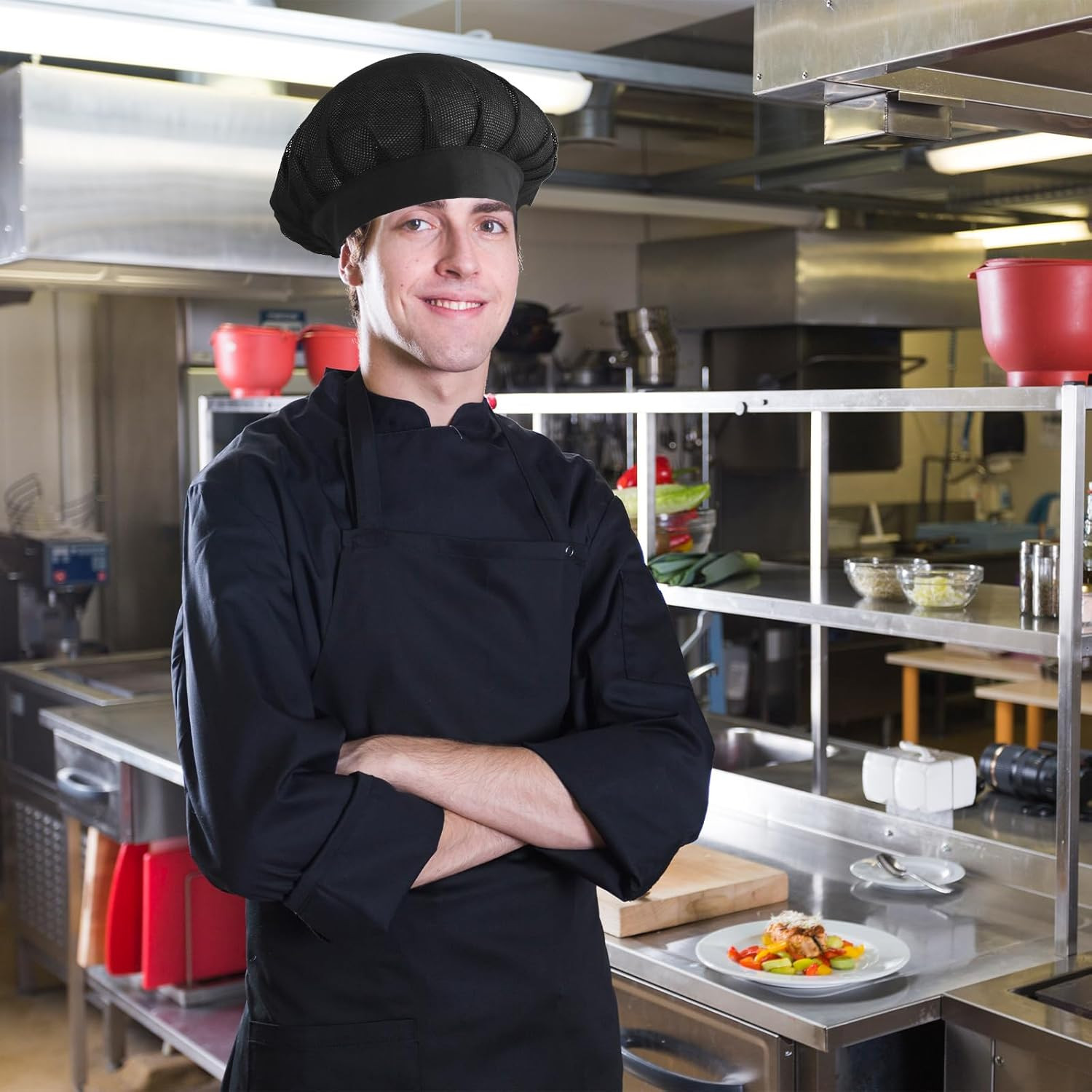 3 Pcs Chef Hats Hair Nets Adjustable Mesh Kitchen Cooking Beanie Caps Black