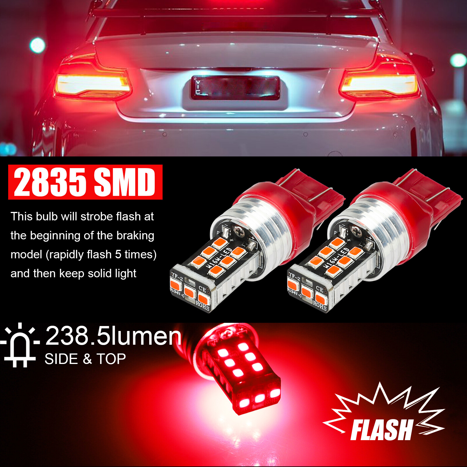 4PCS 7443 7440 LED Red Strobe Flash Blinking Brake Stop Tail Parking Light Bulbs