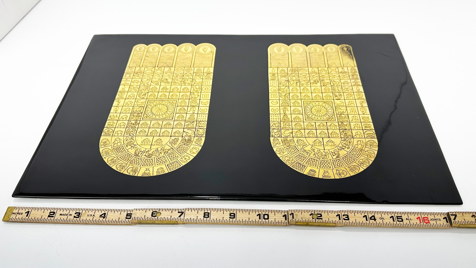 Large Burmese Gold Leaf Buddha Footprint Lacquer Panel Altar Art Zen Decor 18"