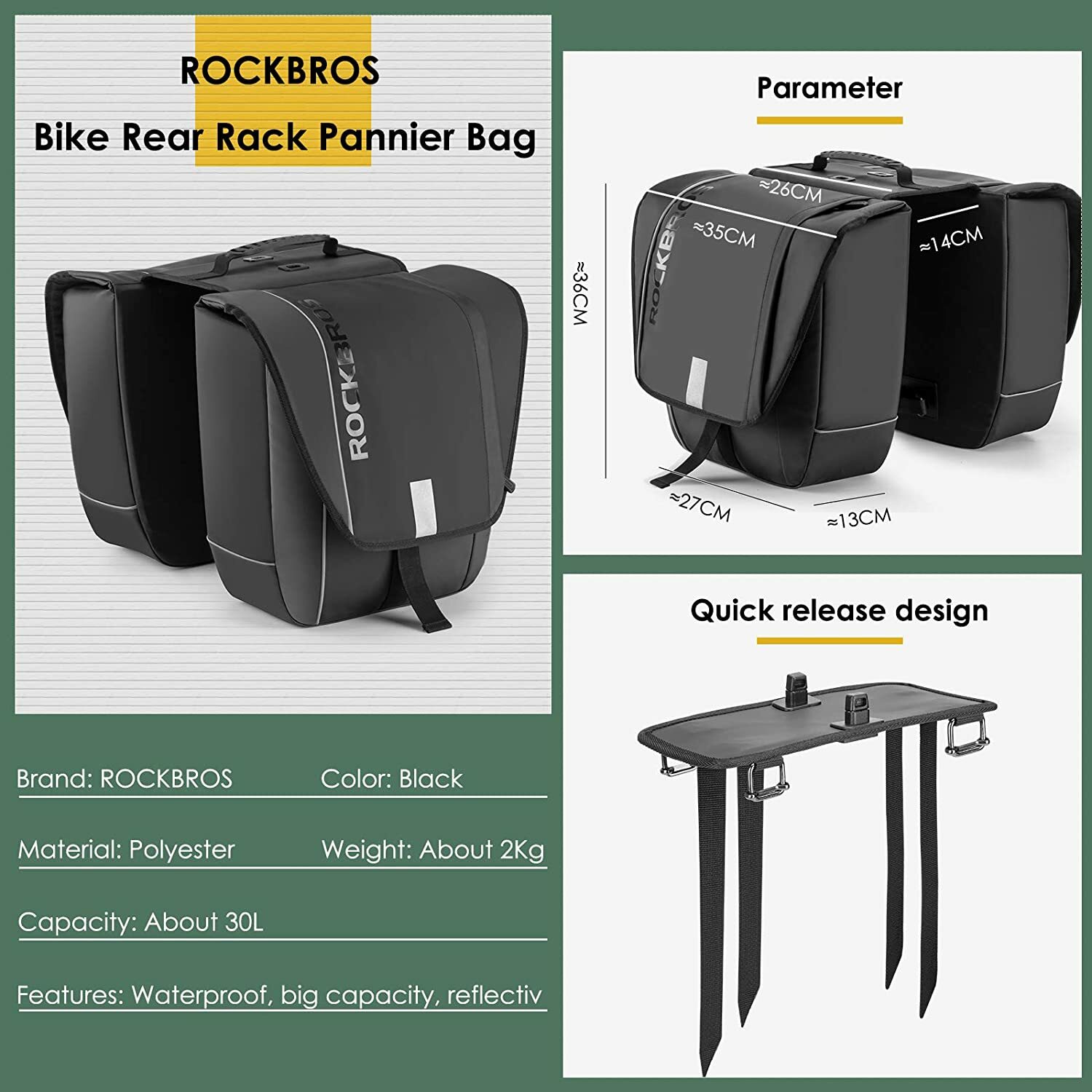 ROCKBROS Cycling Bike Pannier Waterproof Large Capacity Bike Rear Rack Bag 2pcs