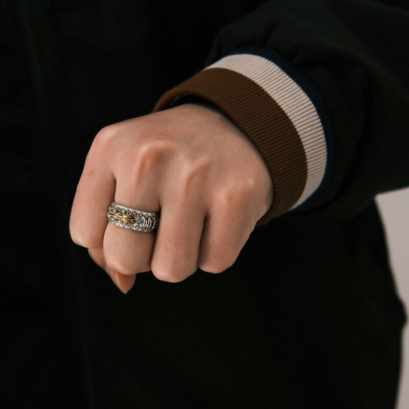 Silver Feng Shui Pixiu Adjustable Ring MANI Mantra Protection Wealth Ring USA