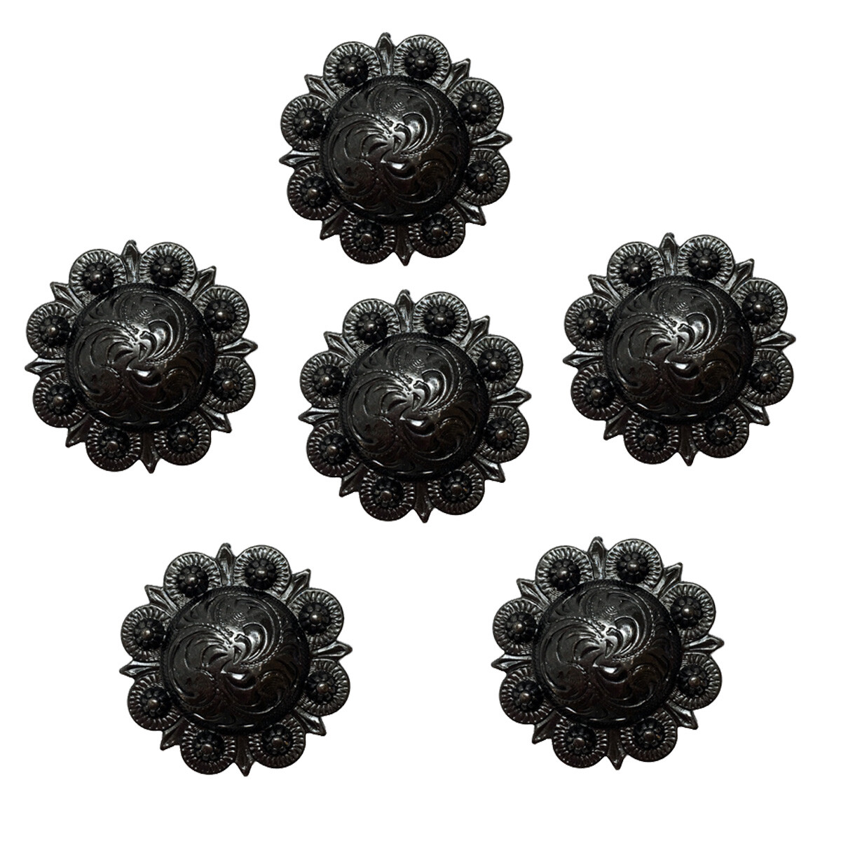 Set of 6 WESTERN SADDLE HORSE TACK BLACK GUN ENGRAVED BERRY CONCHOS SCREW BACK