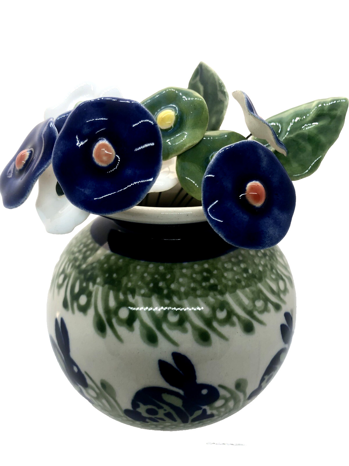 Polish Pottery Round Vase P324 Bunny Rabbit with 11 Polish Ceramic Flowers