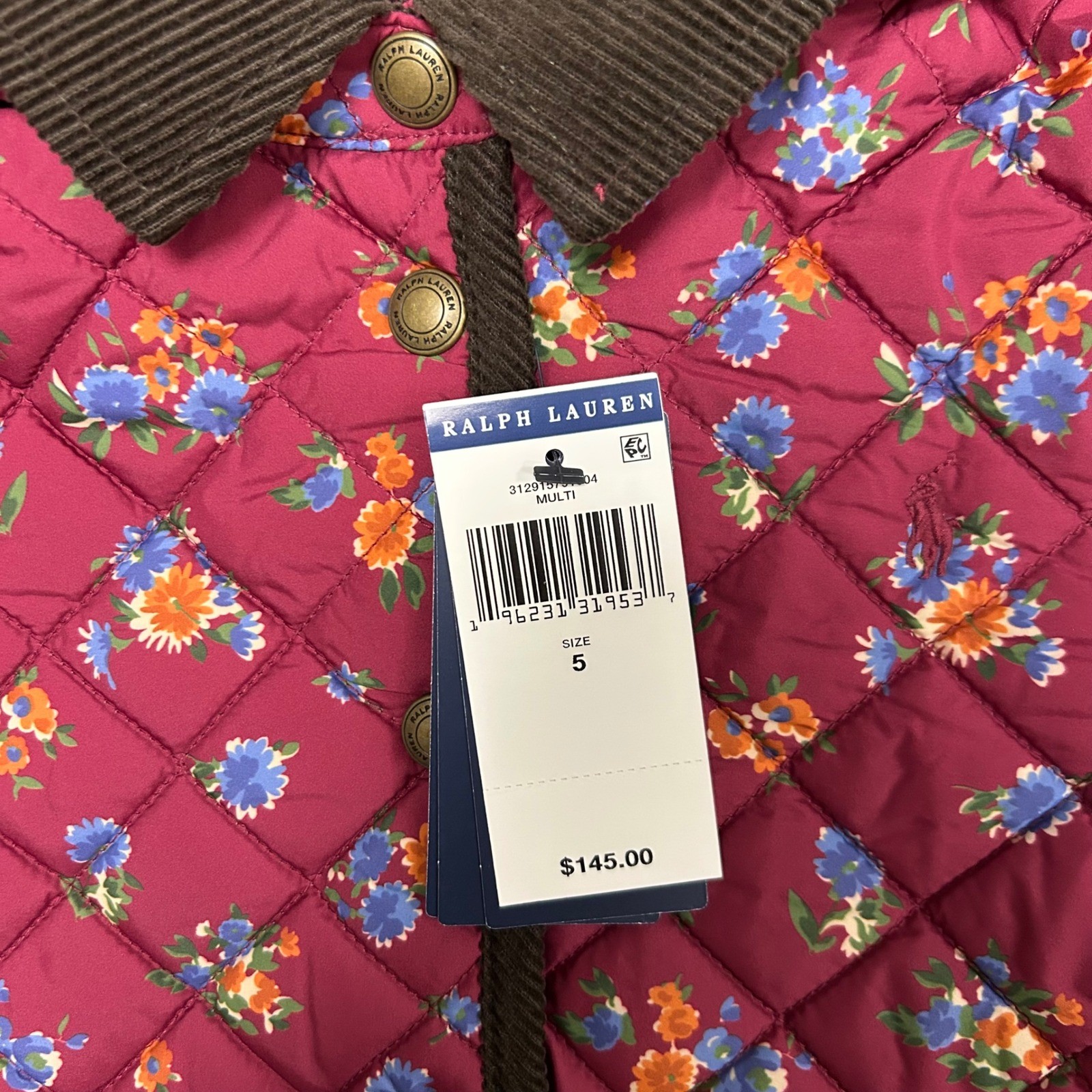 NWT Polo Ralph Lauren Water Repellent Barn Jacket Floral Girls 5 Corduroy Trim