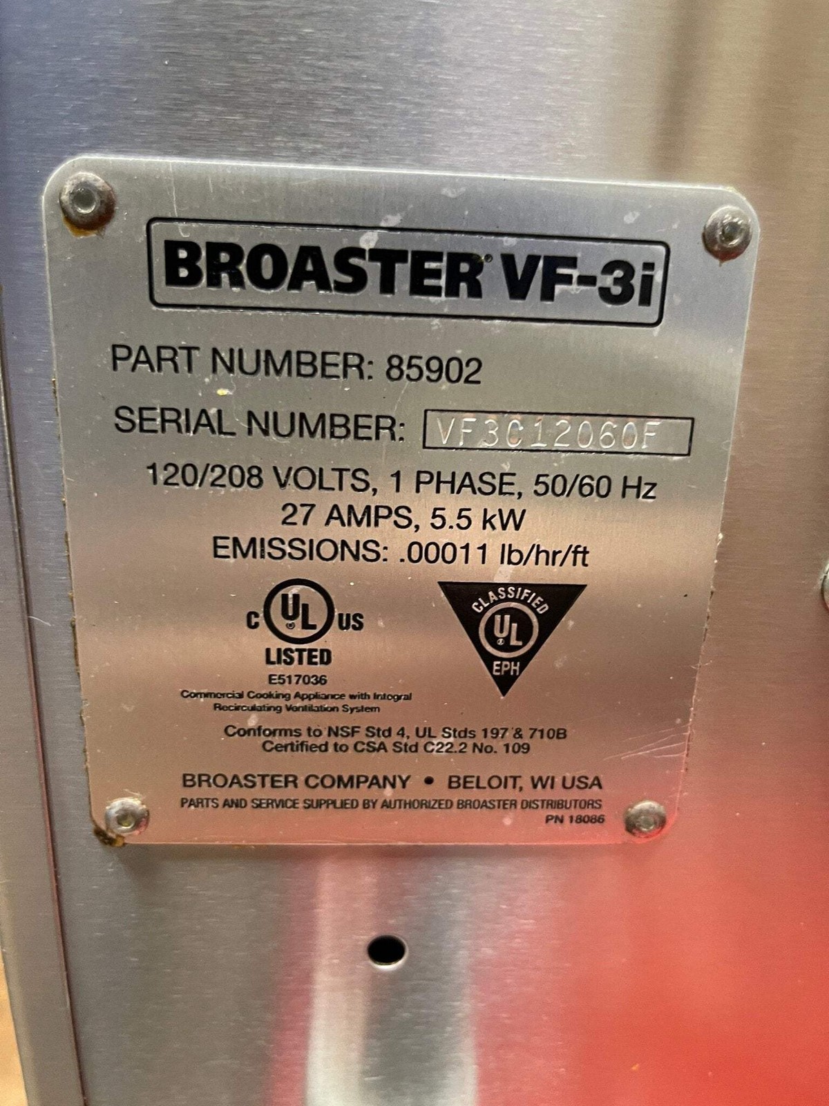 Used Broaster VF-3i SmartTouch 21lb Ventless Fryer with ANSUL System 120/208V 1P