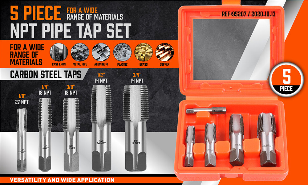 5 Pcs NPT Pipe Tap Set 1/8" 1/4" 3/8" 1/2" and 3/4" With Case Carbon Steel Inch