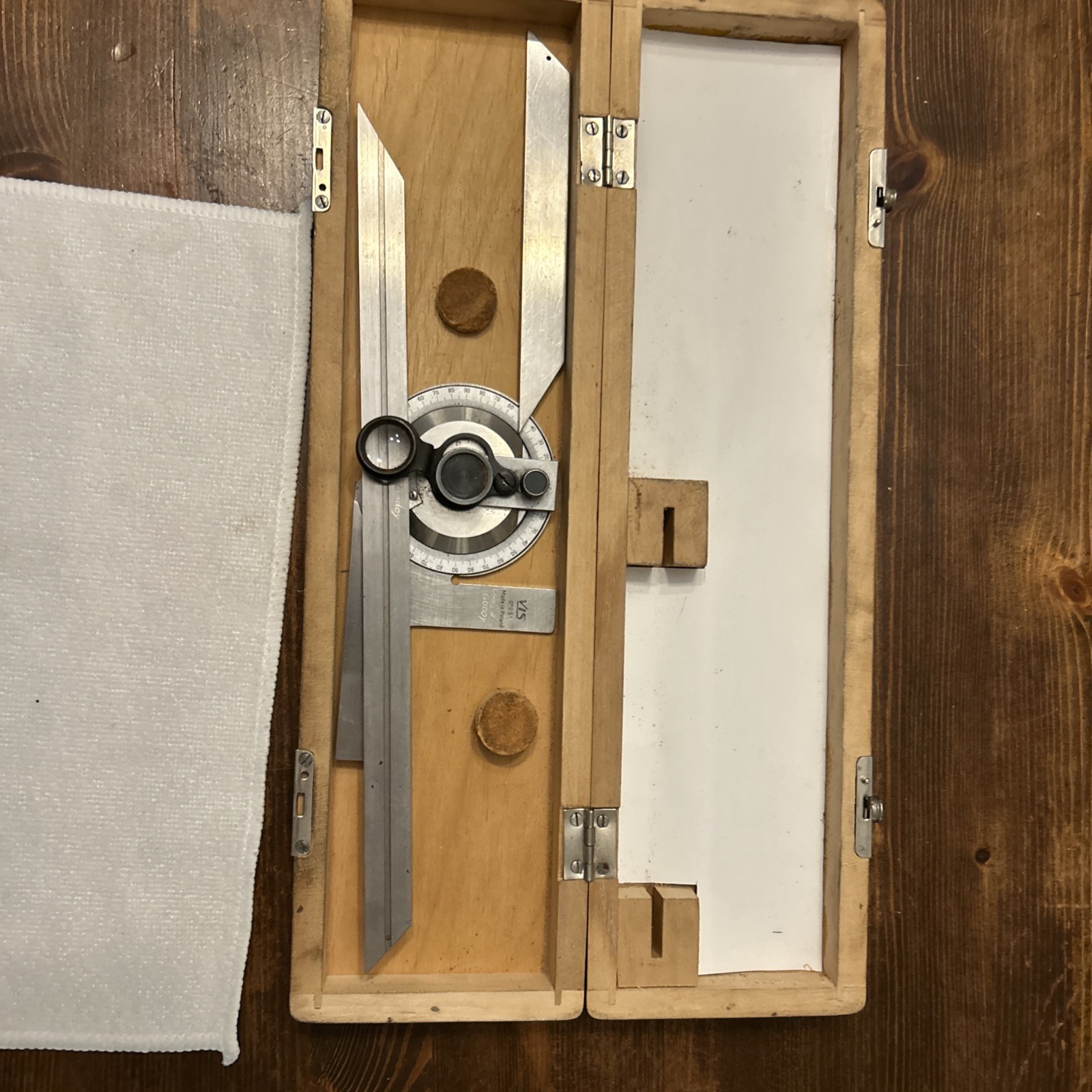 Vintage stainless steel Protractor VIN Machinists , Made in POLAND in case