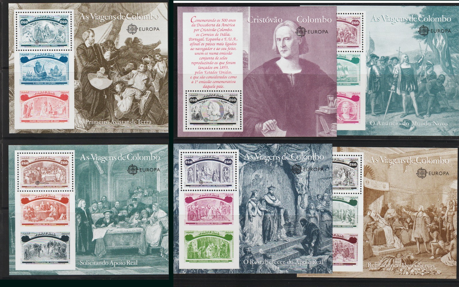 1992 Portugal Sc# 1918-23 s/s x 6. Stamp on Stamp, History. MNH set Est$27.00