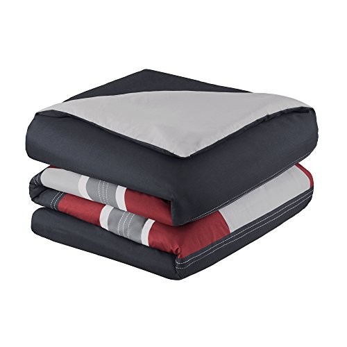 Casual Comforter Set Sporty Design, Vibrant Color, Full/Queen Stripe Black/Red