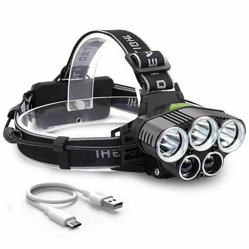 Super Bright 5 LED Zoom Headlamp USB Rechargeable Headlight Head Torch