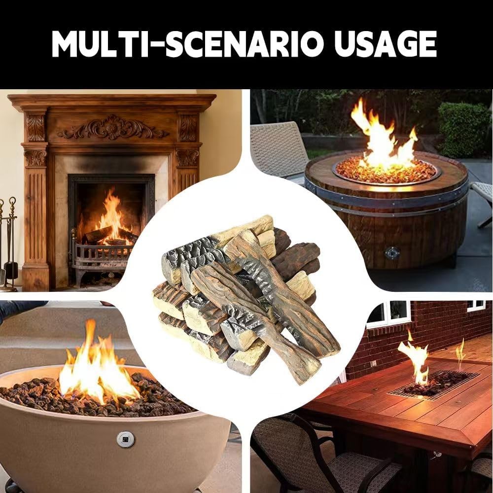 Large Ceramic Fireplace Gas Logs, 10 Pcs Set of Decoration Wood Logs for Ventles