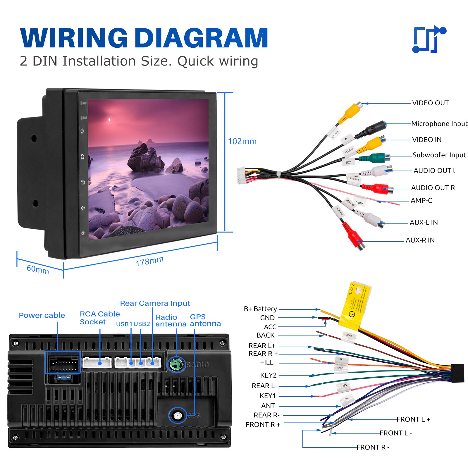 4+64GB Double 2 Din HeadUnit Car Stereo Carplay Android15 Radio Sat Nav WIFI 7in