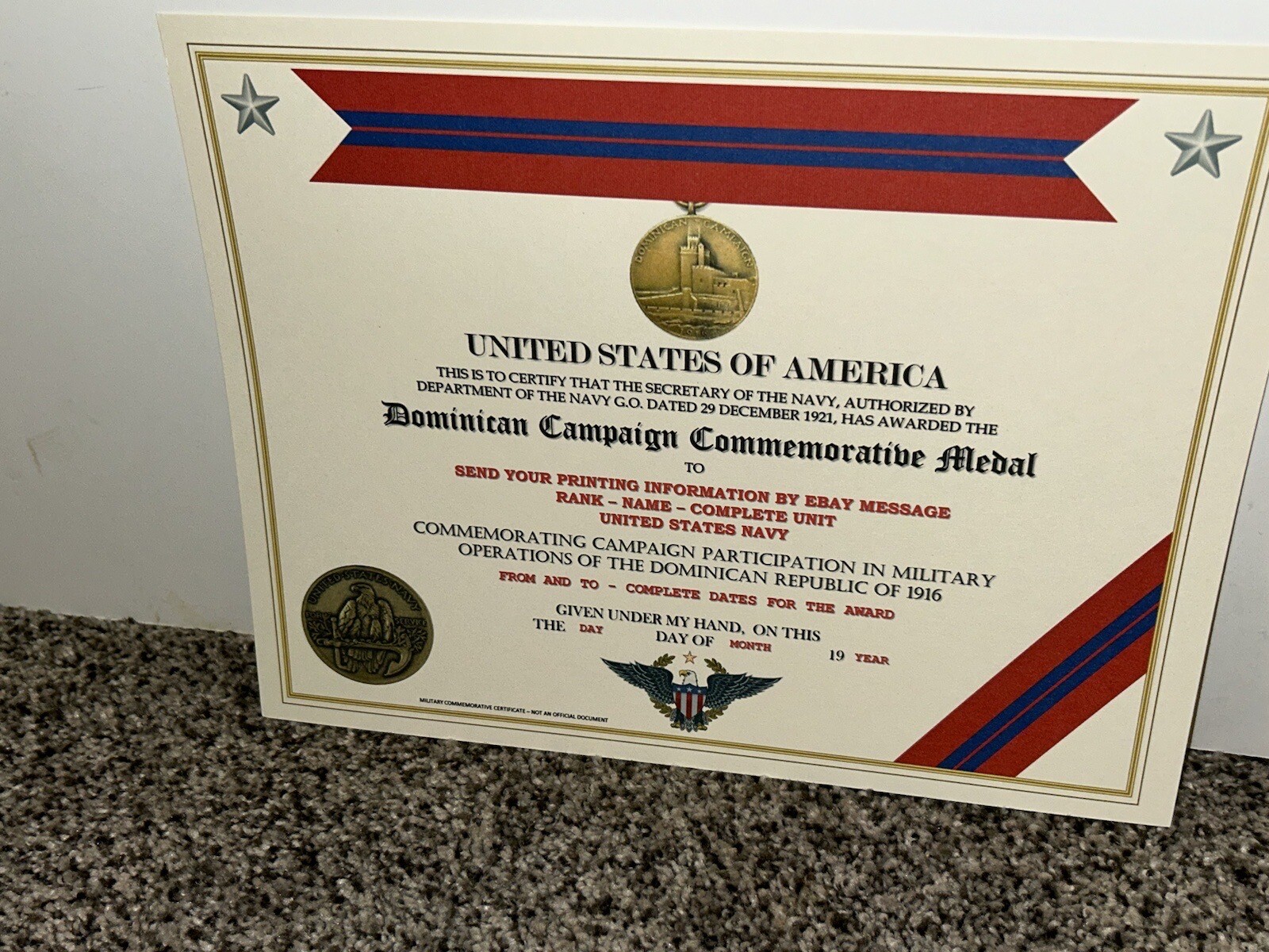 DOMINICAN CAMPAIGN (NAVY) COMMEMORATIVE MEDAL CERTIFICATE ~ W/PRINTING TYPE-1