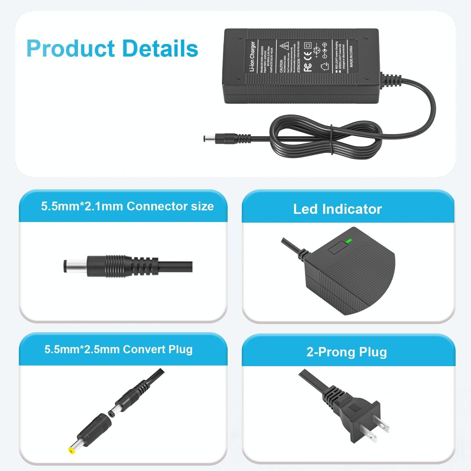 42V 2A Charger Replacement for GOTRAX GXL V2,G2,G3,G4,Apex,Glider,XR Elite