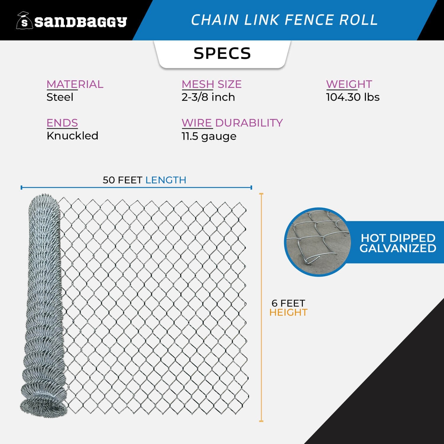 Sandbaggy 6 ft x 50 ft Galvanized Chain Link Fence Roll - 11.5 Ga Steel (1 Roll)