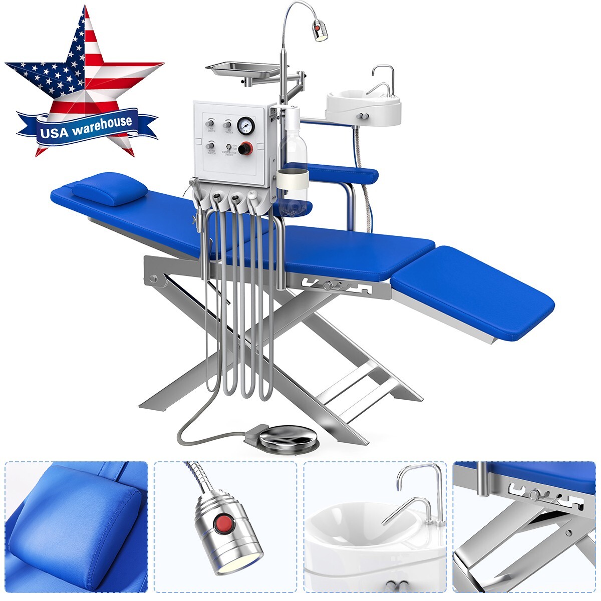 Silla plegable móvil dental portátil+unidad de turbina+lámpara LED+bandeja