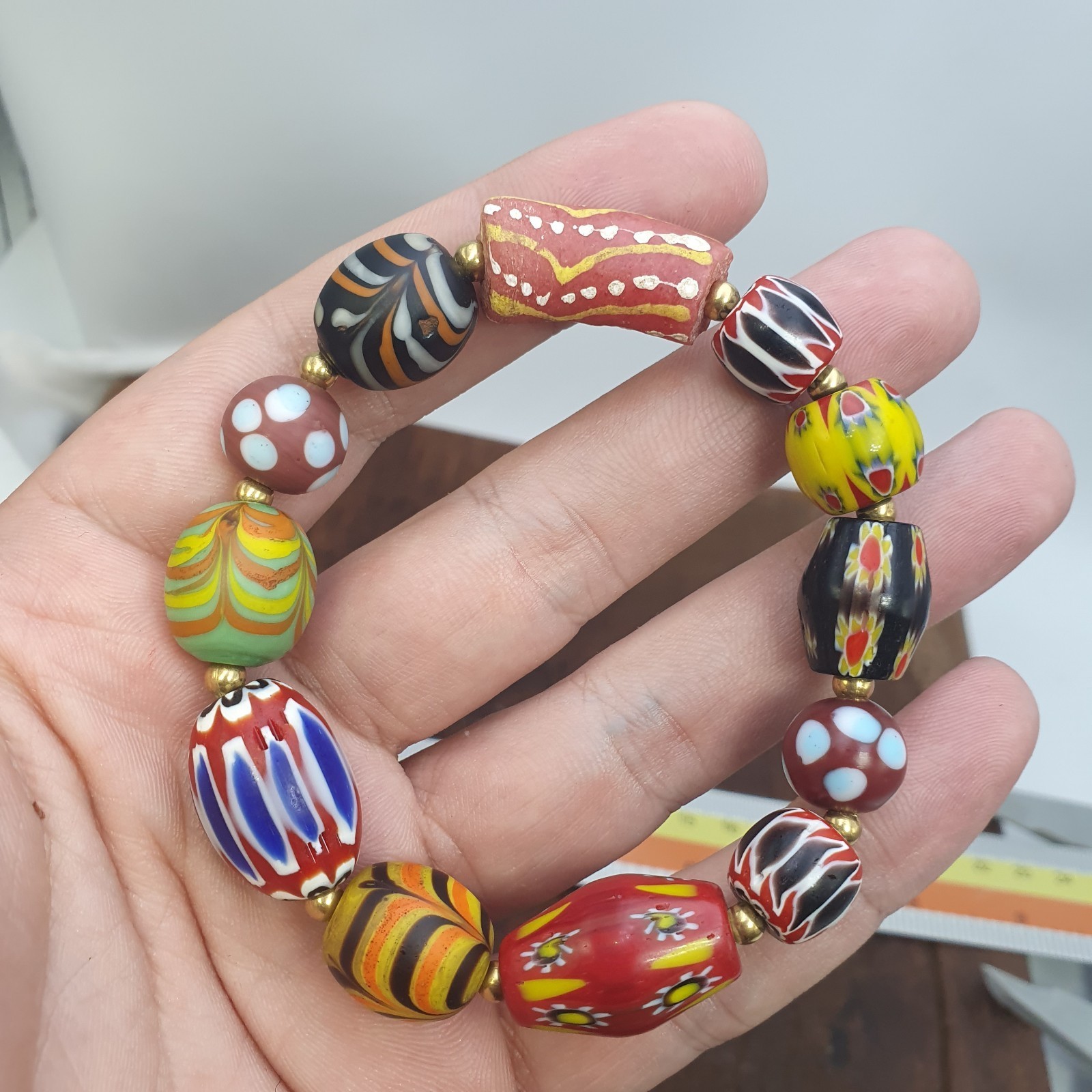 Vintage African venetian Style Chevron Feather Glass beads Braclet