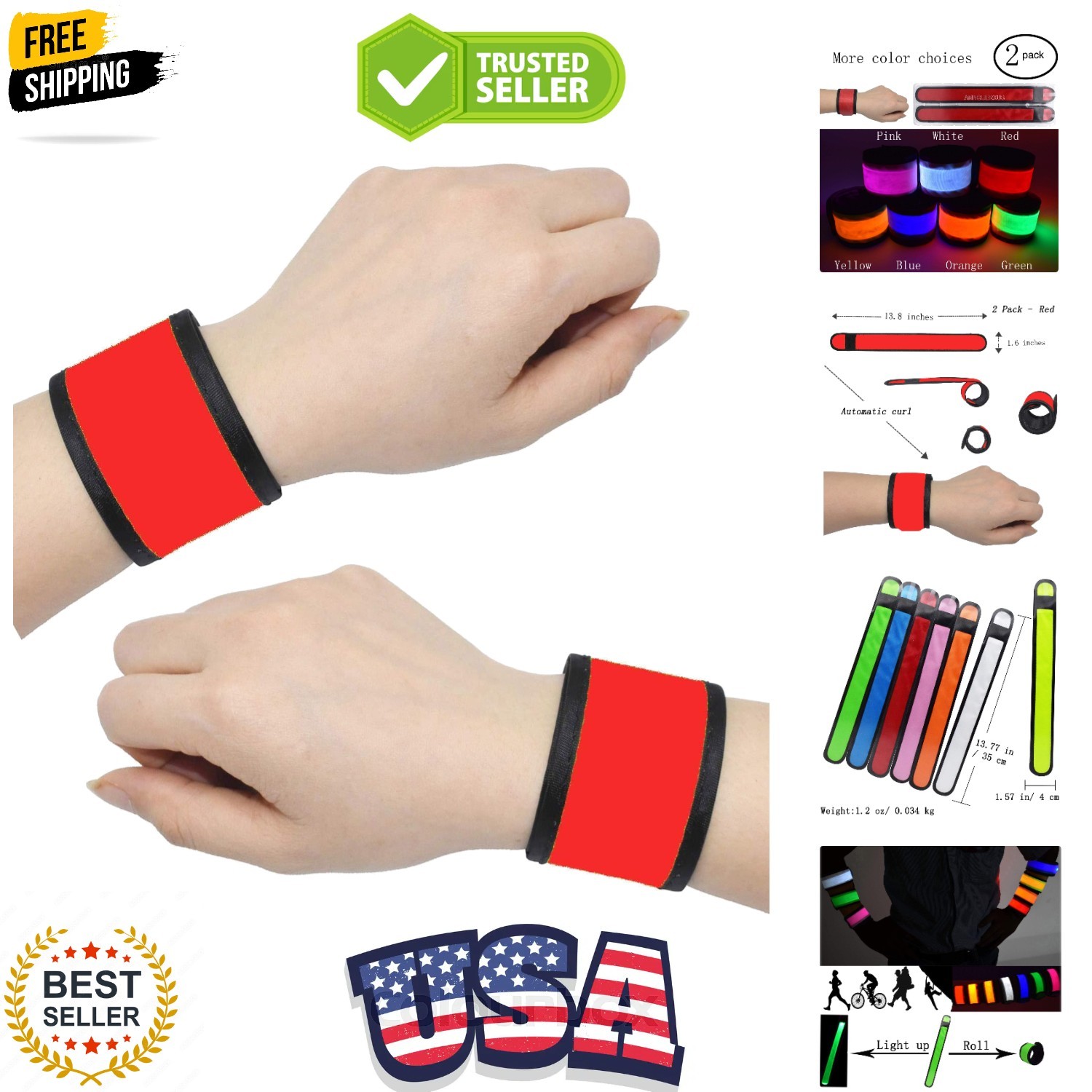 LED Glow Slap Bracelets Light Up Wristbands Flashing Arm Wrist Bands High Vis...