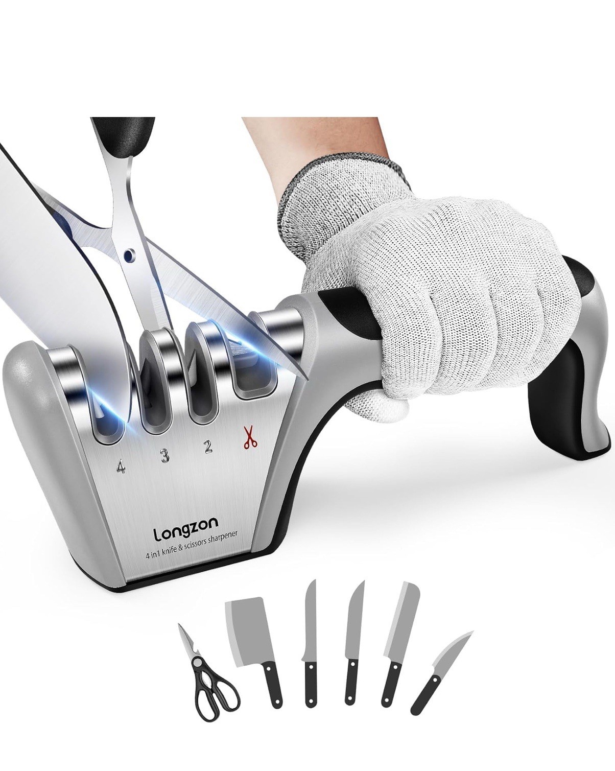 Longzon 4-in-1 Knife Sharpener [4 Stage] with a Pair of Cut-