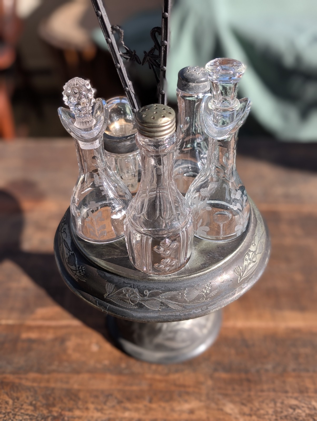 Antique Victorian Silverplate 7-piece Rotating Condiments Cruet Set w/Stoppers