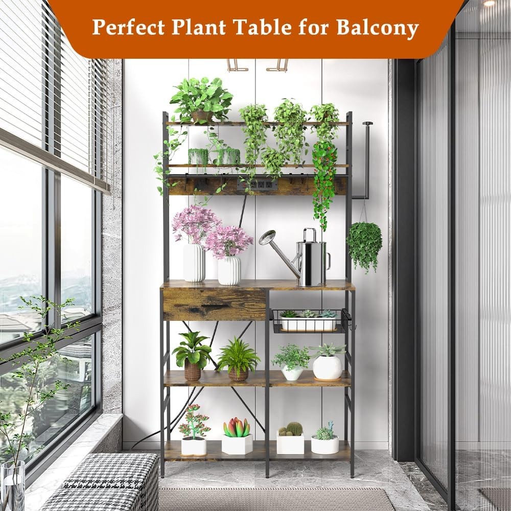 Kitchen Storage Shelf with Power Outlet, 6-Tier Adjustable with Drawer & Baskets