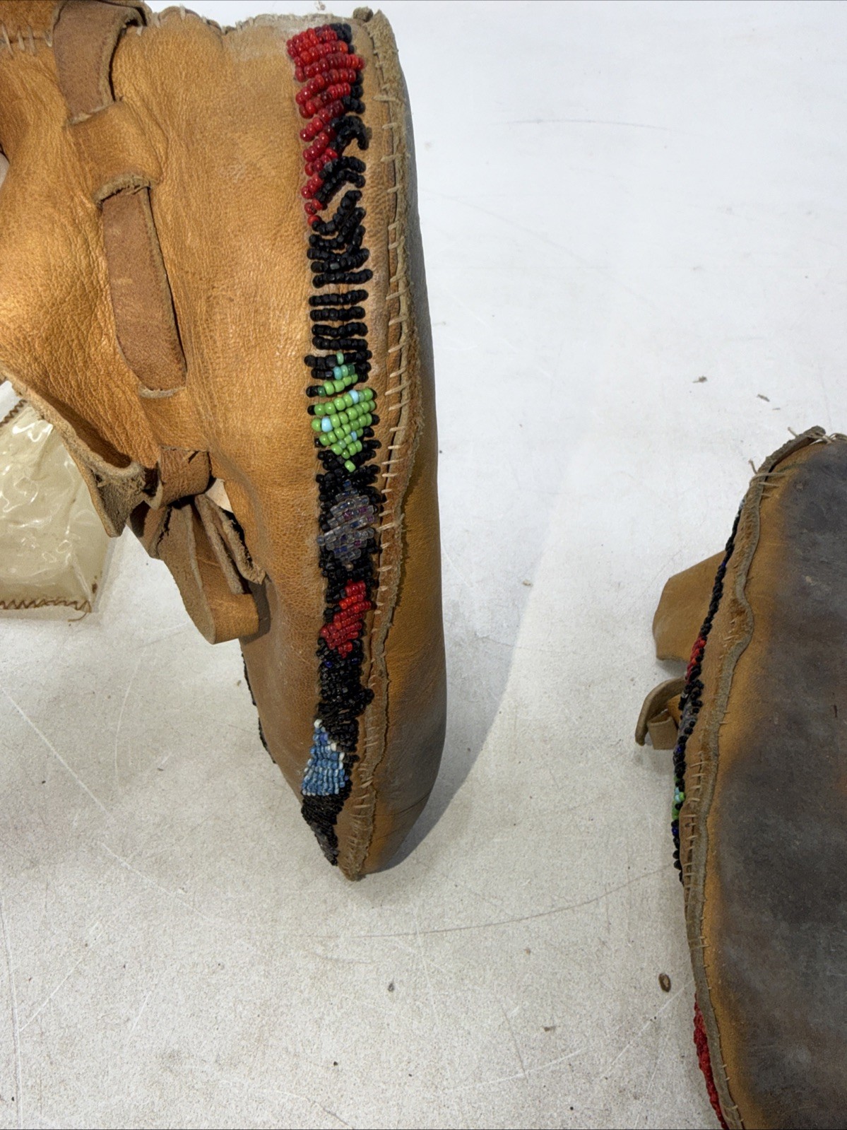 Authentic Native American Leather Beaded Moccasin Lot and Indian Rattle