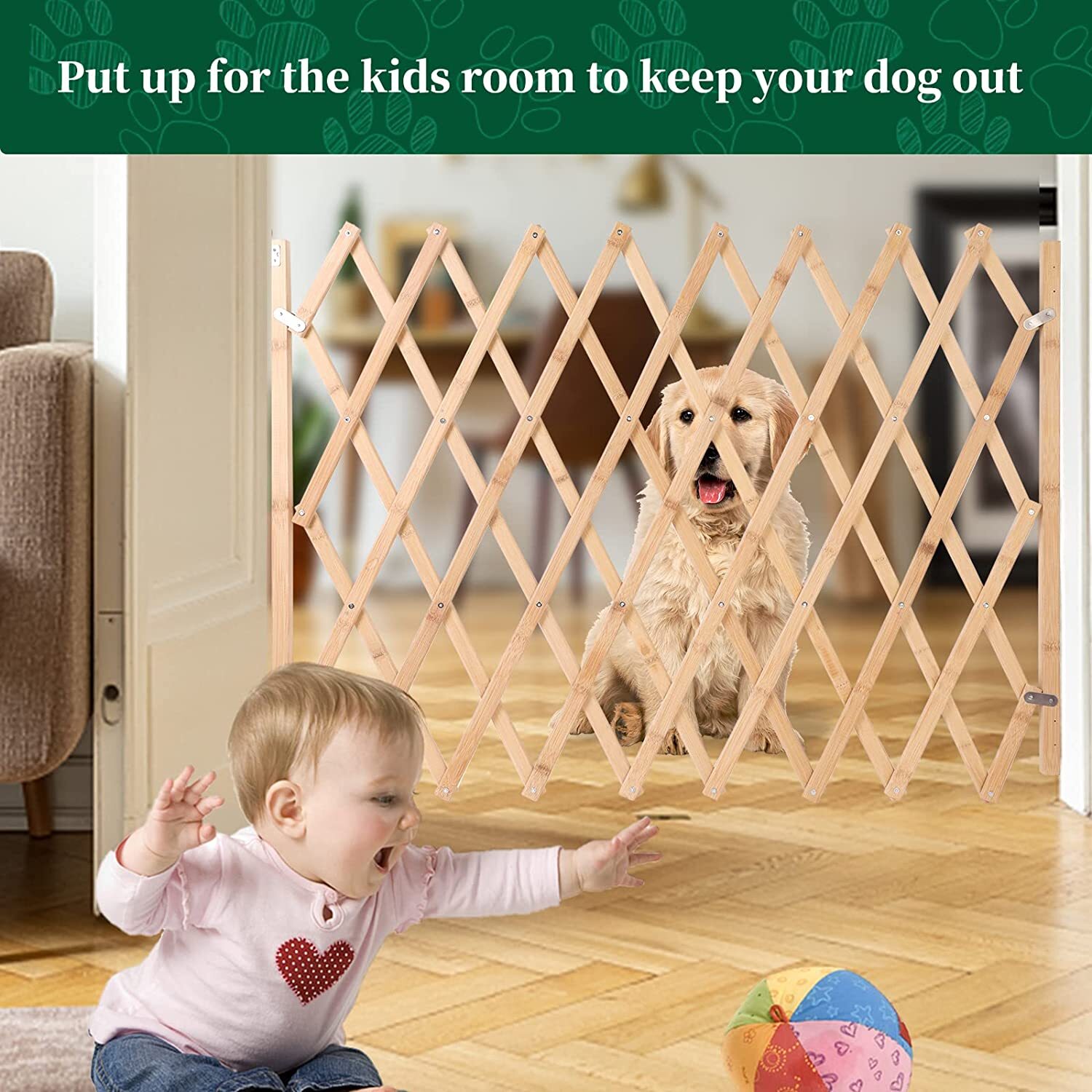 Expandable Accordion Dog Gate Wooden Pet Dog Fence Safety Protection Doorways