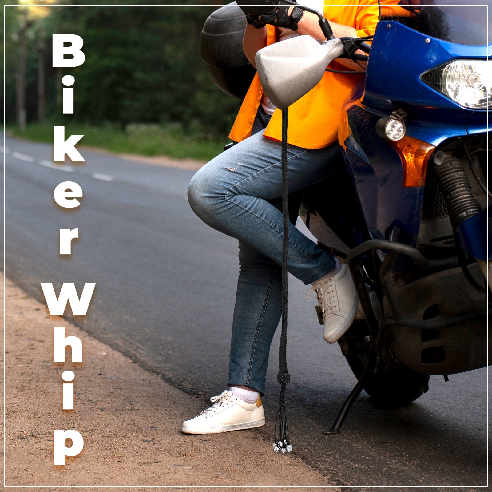 42" Leather Motorcycle Get Back Whip 1 Ball & Skulls Handlebar Black Biker Whip