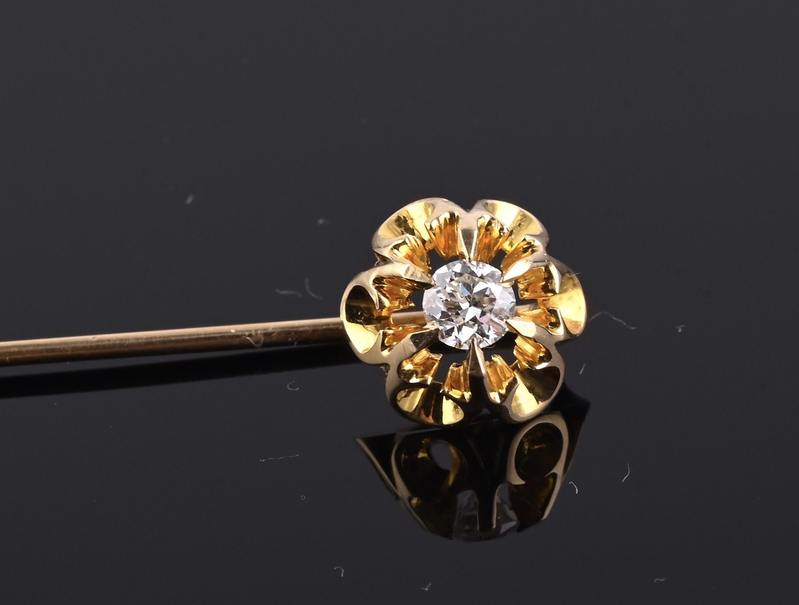 Antique 10K Yellow Gold Diamond Stick Pin Old Euro Old Mine Cut Lapel Tie Pin