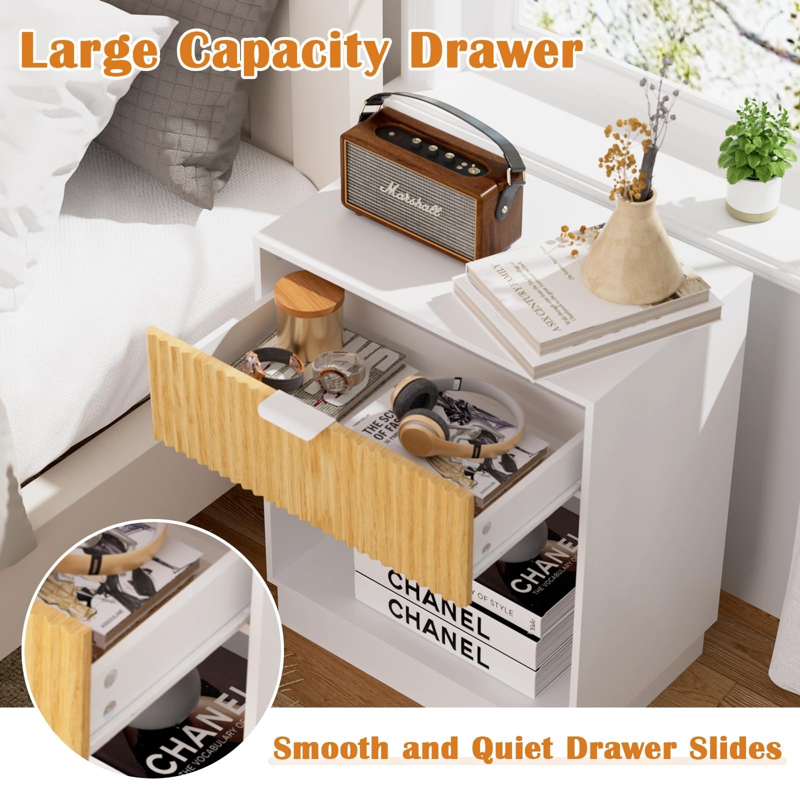 Fluted Nightstands Set of 2, Wood Bedside Table with Drawer and Open Shelf, M...