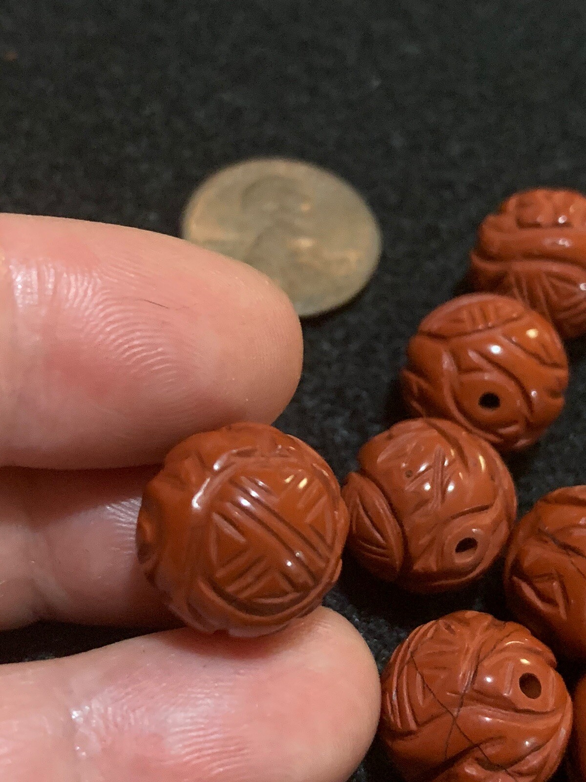 One Vintage Carved Chinese Bead Natural Red Jasper Double Shou Design 14mm Round