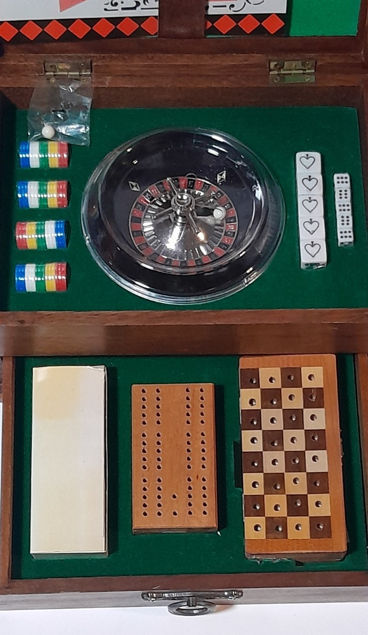 Vintage Wooden Medieval Knight Casino Game Set Roulette Wheel, Poker Chips, Dice