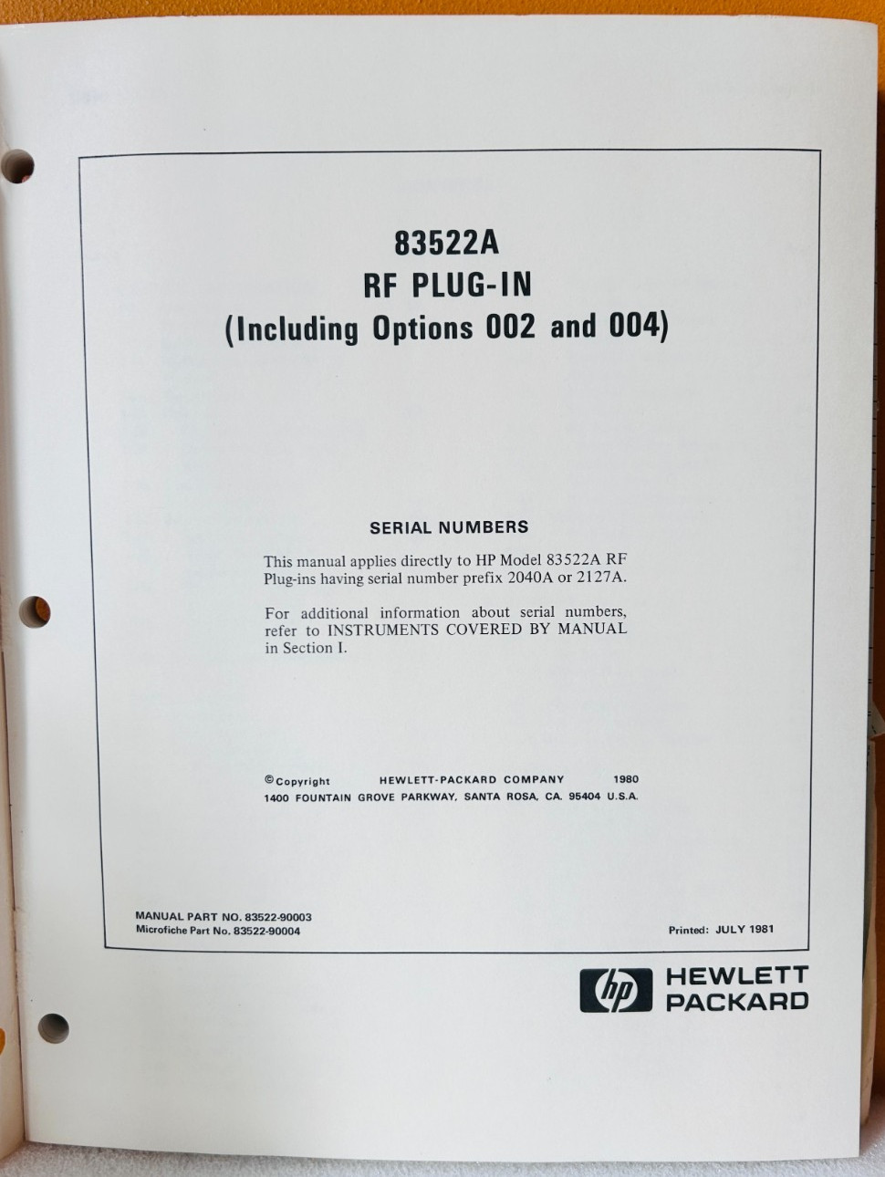 HP 83522-90003 1981 Model 83522A RF Plug-In .01 to 2.4 GHz Service Manual.