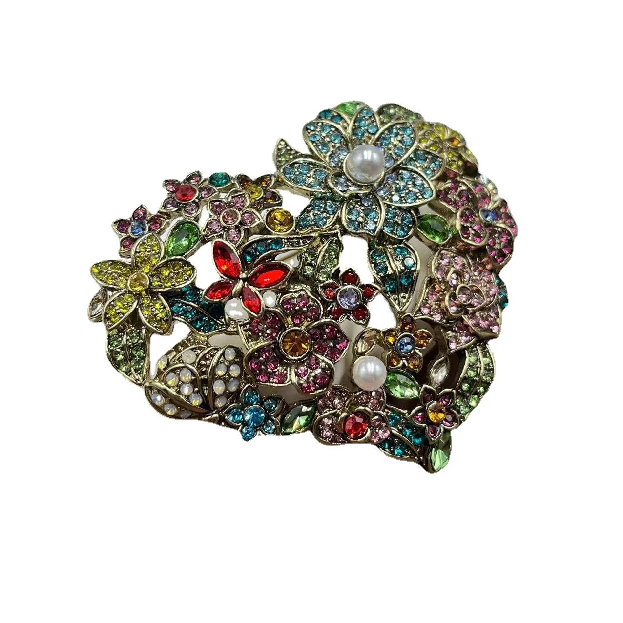 Unisex Flower Heart Rhinestone Badges Pins Vintage Retro Baroque Crystal Brooch