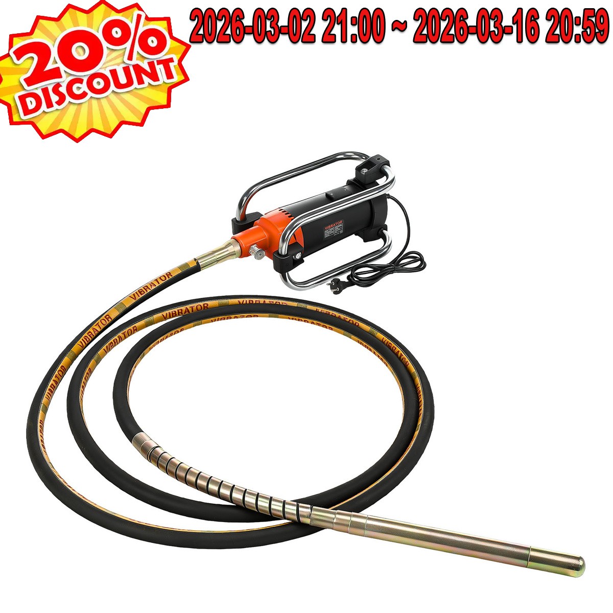 Electric Concrete Vibrator 2000W 14-3/4 feet Poker to Remove Air Bubbles 6m