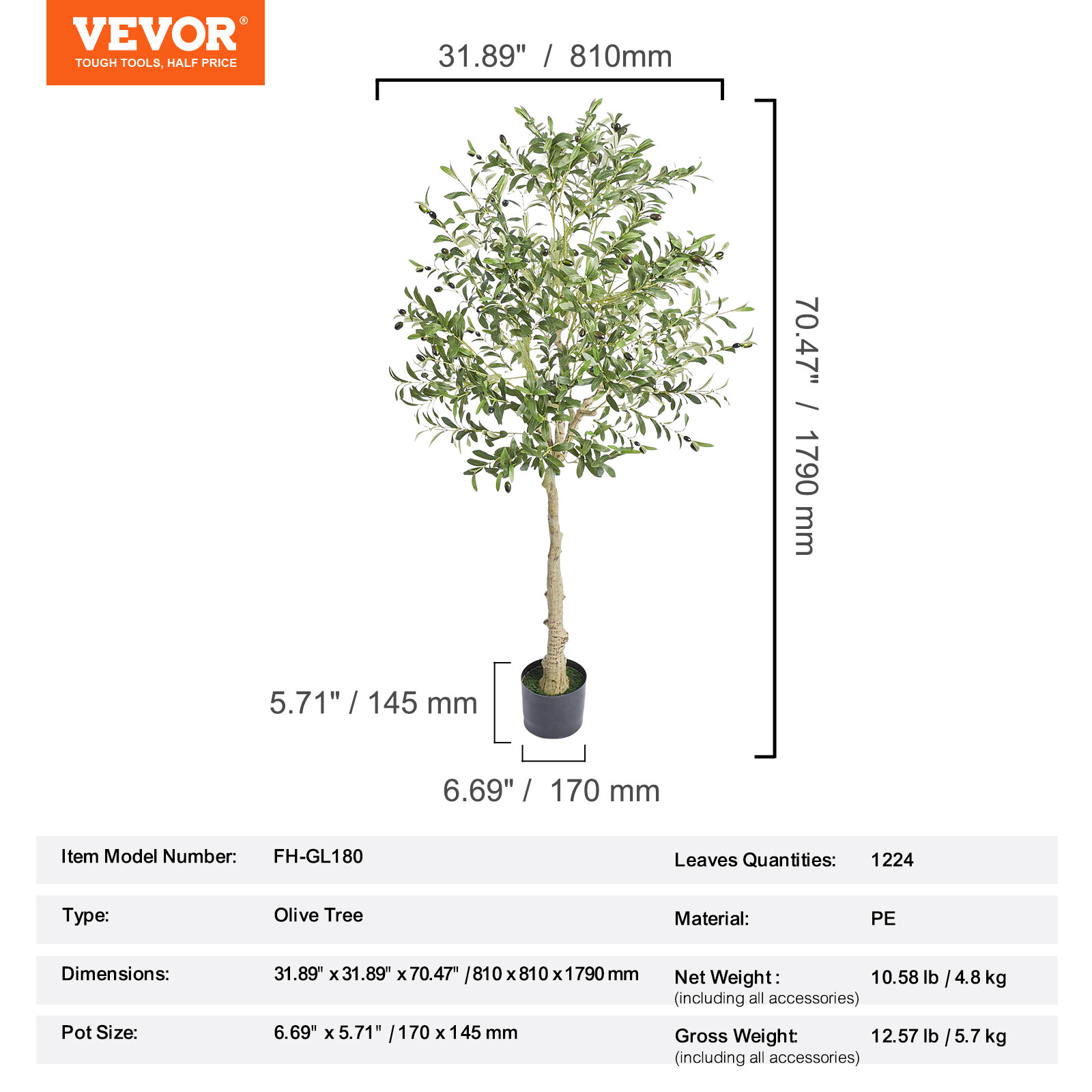VEVOR 6ft 73in Artificial Olive Tree Faux Silk Home Decor