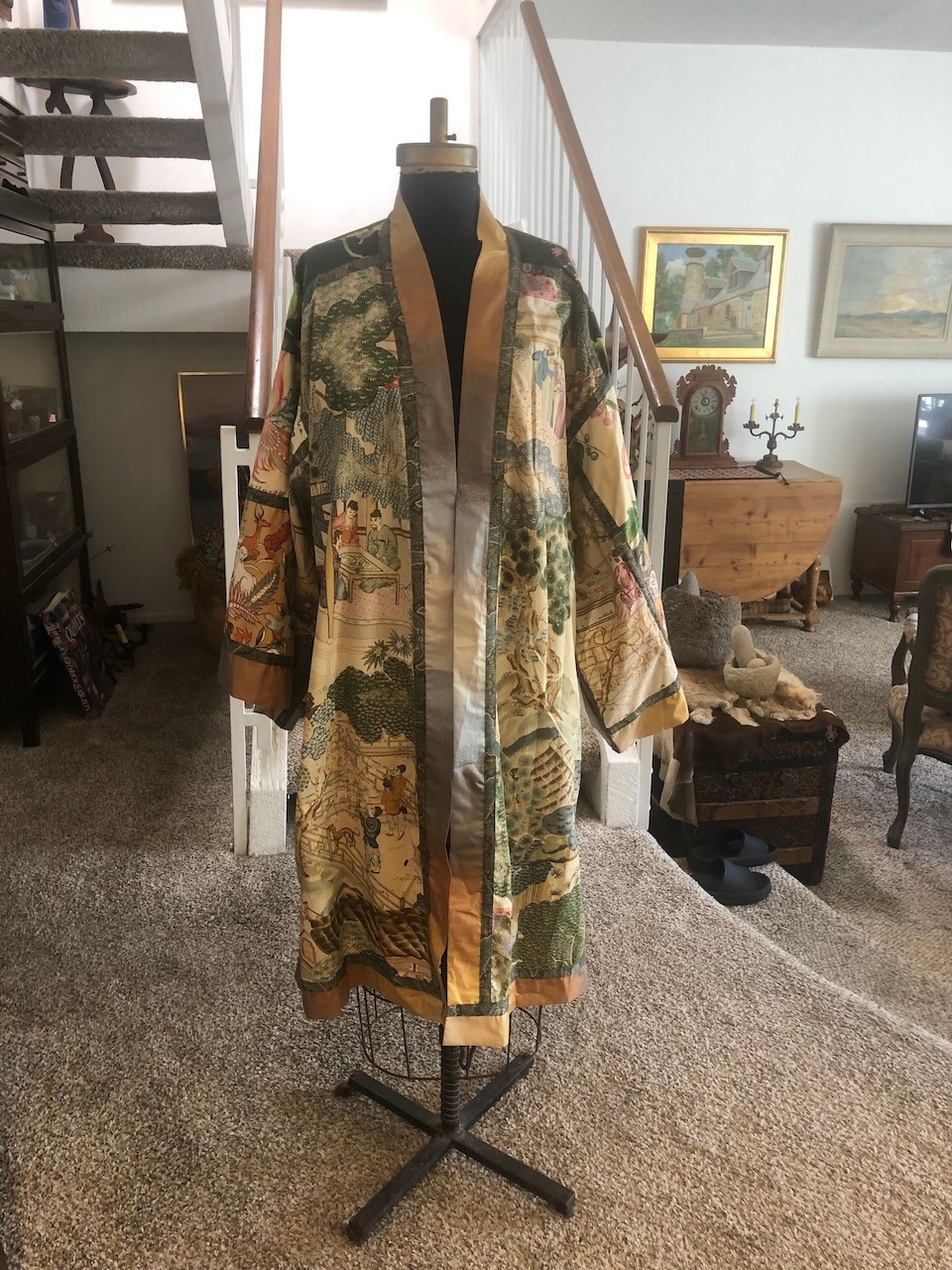Handmade Cotton Kimono Robe with Obi Sash, Chinoiserie Print S