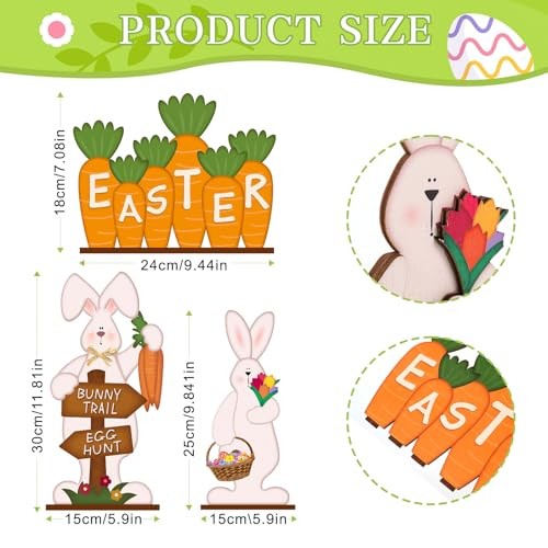 3Pcs Easter Decorations for Home Wooden Bunny Large 3Pcs Easter Wooden Sign
