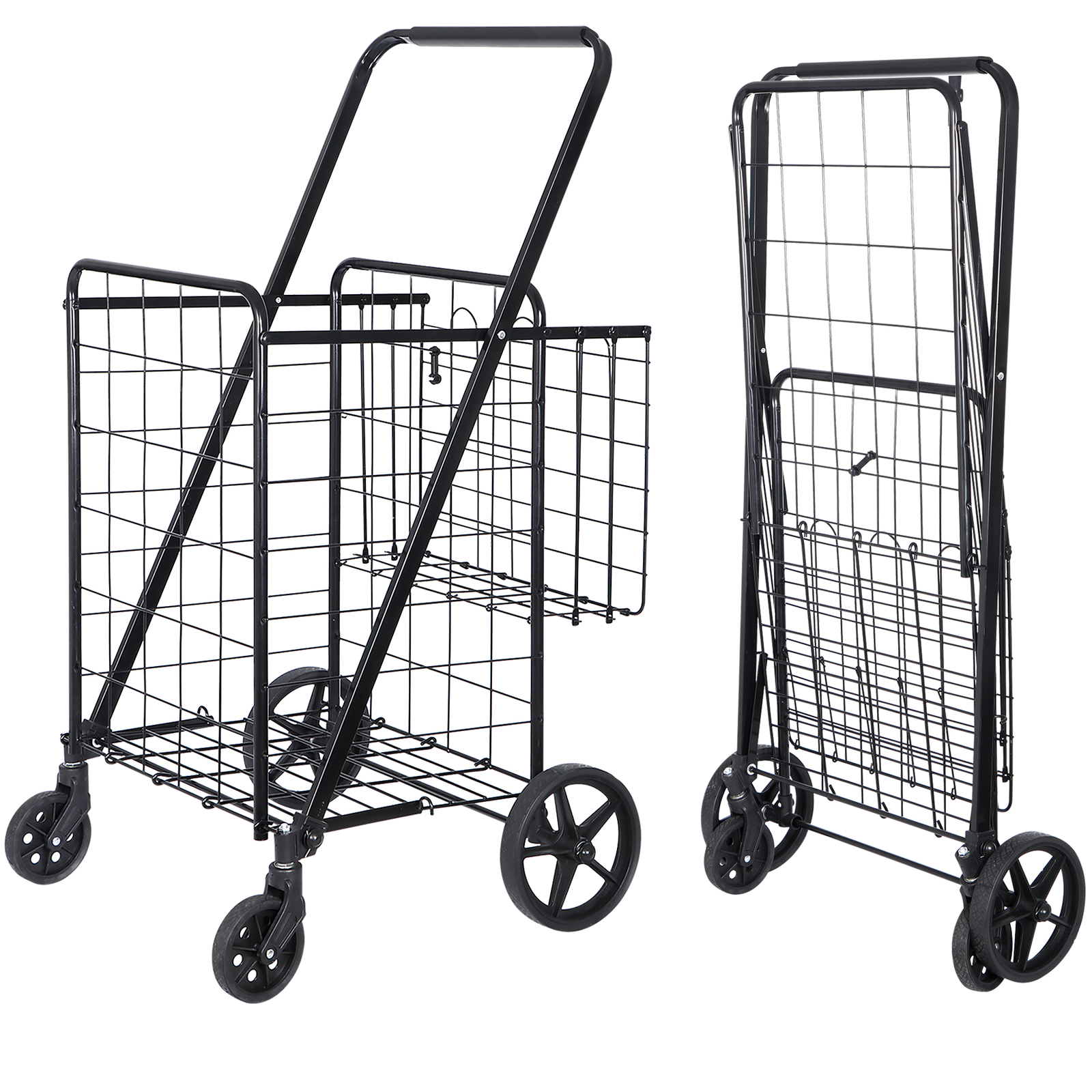 Portable Folding Shopping Cart Double Basket for Grocery Laundry W/Wheels Black
