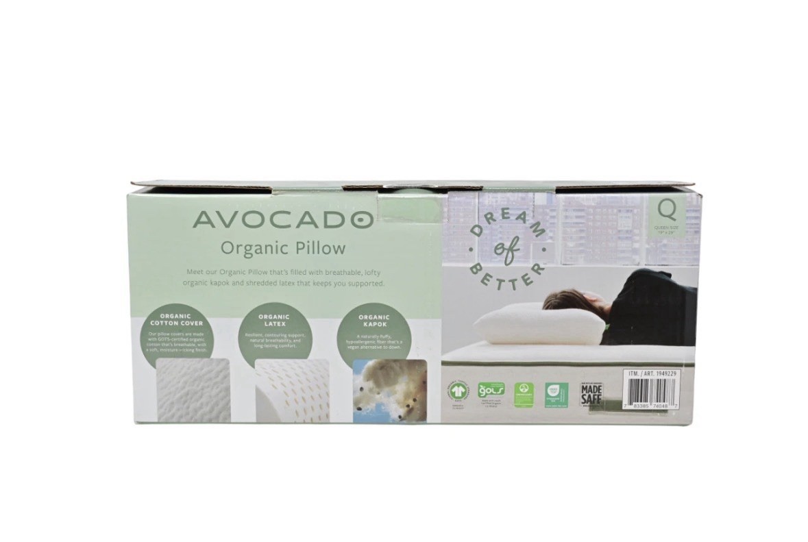 Avocado 100% Certified Organic Bed Pillow w/ Natural Latex and Kapok Fill Queen