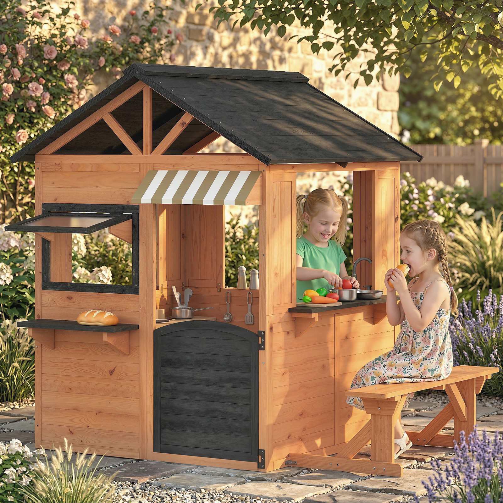Qaba Outdoor Playhouse, Wooden Kids Playhouse with Play Kitchen and Bench