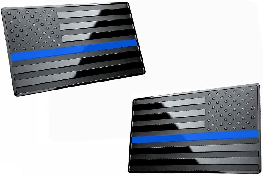 3"x 2" USA Black Metal Flag Emblem for Cars (Black with Blue Line, 2pcs)